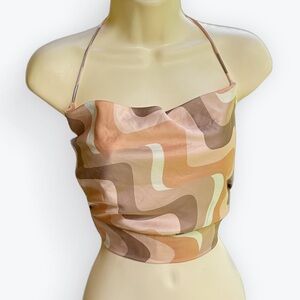 Groovy Retro Warm Minimalist Satin Clubwear Draped Halter “Bizarre” Print ~ US 6